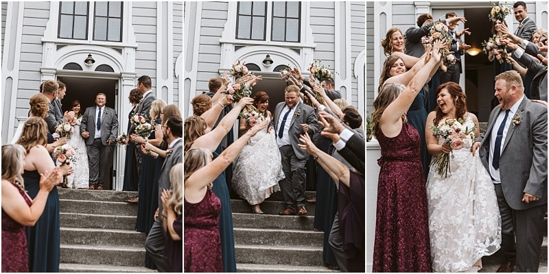 Premier Snohomish & Seattle Wedding Photographer | GSquared Weddings Photography A newlywed couple walks down church steps in Snohomish, smiling and holding hands, as friends and family cheer and raise bouquets in celebration on either side of their Seattle wedding. 47.9129° N, 122.0982° W | Serving Snohomish, Seattle , Orlando & Beyond