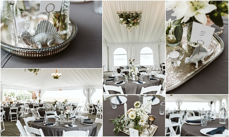 Premier Snohomish & Seattle Wedding Photographer | GSquared Weddings Photography Collage of Snohomish Seattle wedding table settings under a white tent, featuring gray tablecloths, white chairs, floral centerpieces, and small silver dinosaur figurines holding table number cards. 47.9129° N, 122.0982° W | Serving Snohomish, Seattle , Orlando & Beyond