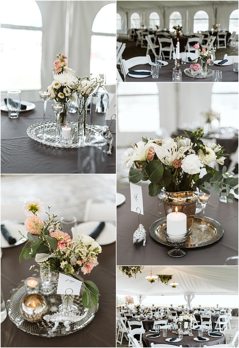 Premier Snohomish & Seattle Wedding Photographer | GSquared Weddings Photography Collage of elegant Snohomish wedding table centerpieces with white and blush flowers, candles, and glassware on dark tablecloths in a bright tented venue with round tables and white chairs. 47.9129° N, 122.0982° W | Serving Snohomish, Seattle , Orlando & Beyond