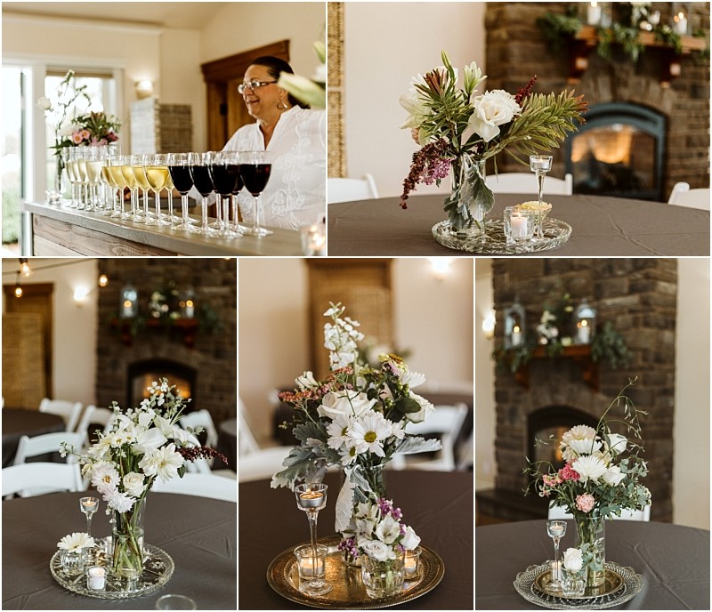 Premier Snohomish & Seattle Wedding Photographer | GSquared Weddings Photography A collage showing a bar with drinks, a smiling woman behind it, and tables with small floral centerpieces and candles, set in a cozy room with a stone fireplace—perfect inspiration for an intimate Snohomish or Seattle wedding or engagement celebration. 47.9129° N, 122.0982° W | Serving Snohomish, Seattle , Orlando & Beyond