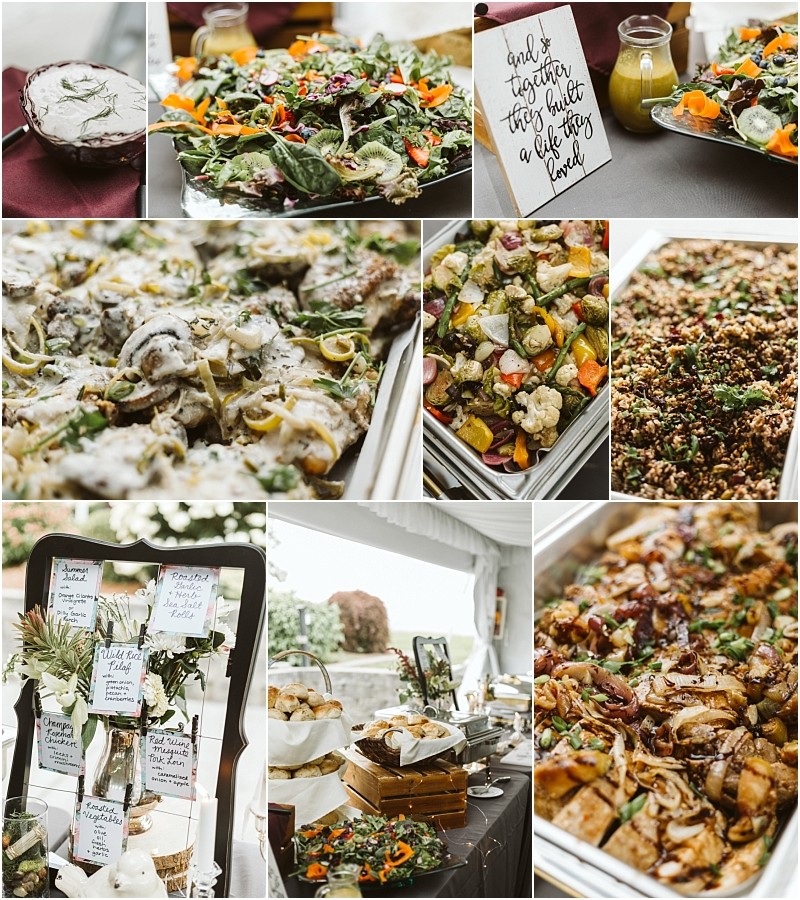 Premier Snohomish & Seattle Wedding Photographer | GSquared Weddings Photography A buffet table at a Snohomish Seattle wedding displays assorted dishes—salads, roasted vegetables, bread, chicken, grains, and desserts—while decorative signs and greenery add a festive touch to this enchanting engagement celebration. 47.9129° N, 122.0982° W | Serving Snohomish, Seattle , Orlando & Beyond