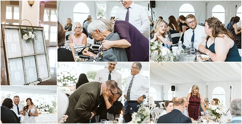 Premier Snohomish & Seattle Wedding Photographer | GSquared Weddings Photography A collage of candid moments at a Snohomish wedding reception shows guests greeting each other, sharing hugs, and talking at decorated tables, with a seating chart displayed on a white frame in one of the images. 47.9129° N, 122.0982° W | Serving Snohomish, Seattle , Orlando & Beyond