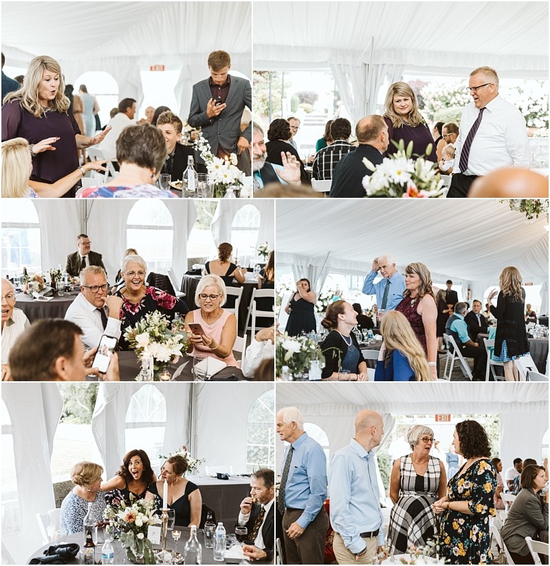 Premier Snohomish & Seattle Wedding Photographer | GSquared Weddings Photography A collage of six photos showing guests socializing, smiling, and chatting at a Snohomish wedding inside a white tent with floral centerpieces. People in semi-formal attire enjoy this elegant Seattle engagement celebration. 47.9129° N, 122.0982° W | Serving Snohomish, Seattle , Orlando & Beyond
