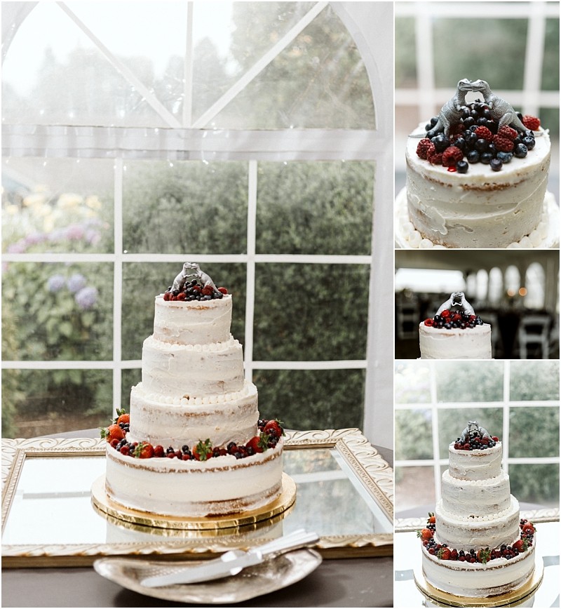 Premier Snohomish & Seattle Wedding Photographer | GSquared Weddings Photography A three-tier semi-naked wedding cake, perfect for a Snohomish or Seattle wedding, sits on a gold base adorned with assorted berries and a whimsical frog topper. Displayed by a window, it captures the romance of your engagement day. 47.9129° N, 122.0982° W | Serving Snohomish, Seattle , Orlando & Beyond