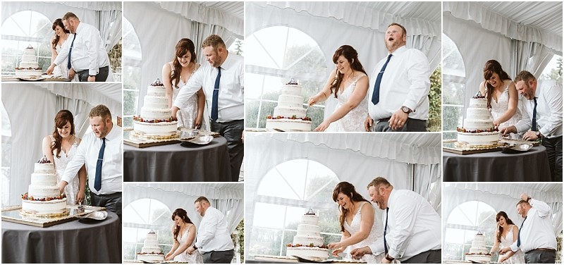 Premier Snohomish & Seattle Wedding Photographer | GSquared Weddings Photography A collage of wedding photos shows a Snohomish bride and groom cutting their tiered wedding cake together, laughing and enjoying the moment inside a bright tented venue near Seattle. 47.9129° N, 122.0982° W | Serving Snohomish, Seattle , Orlando & Beyond
