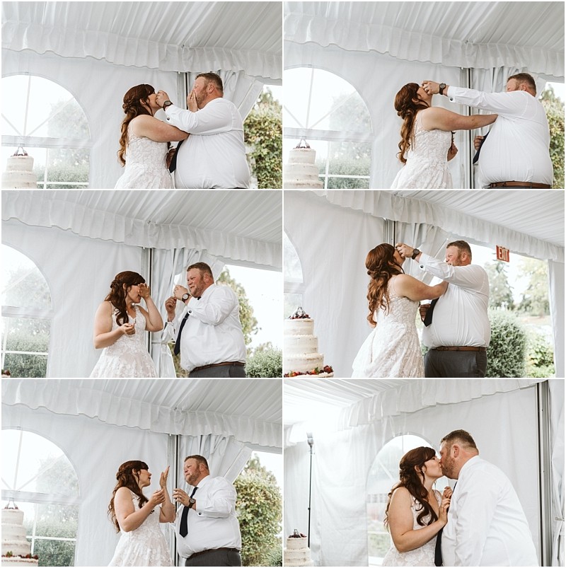 Premier Snohomish & Seattle Wedding Photographer | GSquared Weddings Photography A bride and groom laugh and playfully feed each other cake at their Snohomish wedding reception, getting cake on each other's faces before sharing a kiss under a white tent. 47.9129° N, 122.0982° W | Serving Snohomish, Seattle , Orlando & Beyond
