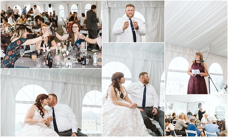 Premier Snohomish & Seattle Wedding Photographer | GSquared Weddings Photography A collage of Snohomish wedding reception photos: guests making a toast, the bride and groom sitting and kissing, a man giving a speech, a woman speaking at a microphone, and attendees seated under a white tent. 47.9129° N, 122.0982° W | Serving Snohomish, Seattle , Orlando & Beyond