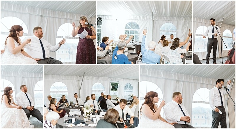 Premier Snohomish & Seattle Wedding Photographer | GSquared Weddings Photography A collage of Snohomish wedding reception photos under a white tent shows guests giving toasts, raising hands, and listening attentively. The newlyweds sit together at a table, smiling and enjoying the celebration. 47.9129° N, 122.0982° W | Serving Snohomish, Seattle , Orlando & Beyond