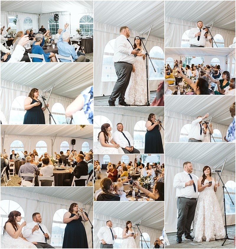 Premier Snohomish & Seattle Wedding Photographer | GSquared Weddings Photography A collage of Snohomish wedding reception photos under a white tent, showing the bride and groom, guests seated at tables, people giving speeches, and everyone celebrating together near Seattle. 47.9129° N, 122.0982° W | Serving Snohomish, Seattle , Orlando & Beyond