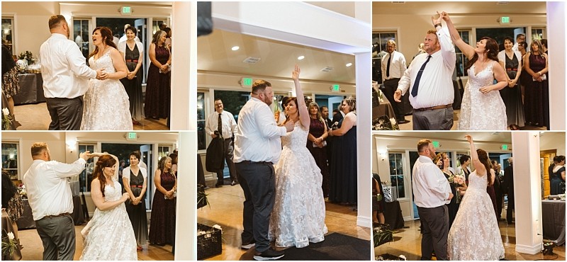 Premier Snohomish & Seattle Wedding Photographer | GSquared Weddings Photography A collage of six photos captures a Snohomish bride and groom dancing at their wedding reception near Seattle, smiling and twirling under indoor lights, with guests watching in the background. 47.9129° N, 122.0982° W | Serving Snohomish, Seattle , Orlando & Beyond