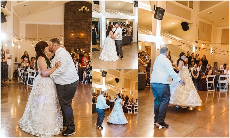 Premier Snohomish & Seattle Wedding Photographer | GSquared Weddings Photography A bride and groom share their first dance at their Snohomish wedding reception, smiling and holding each other on a polished floor, surrounded by seated guests in a warmly lit indoor venue. 47.9129° N, 122.0982° W | Serving Snohomish, Seattle , Orlando & Beyond