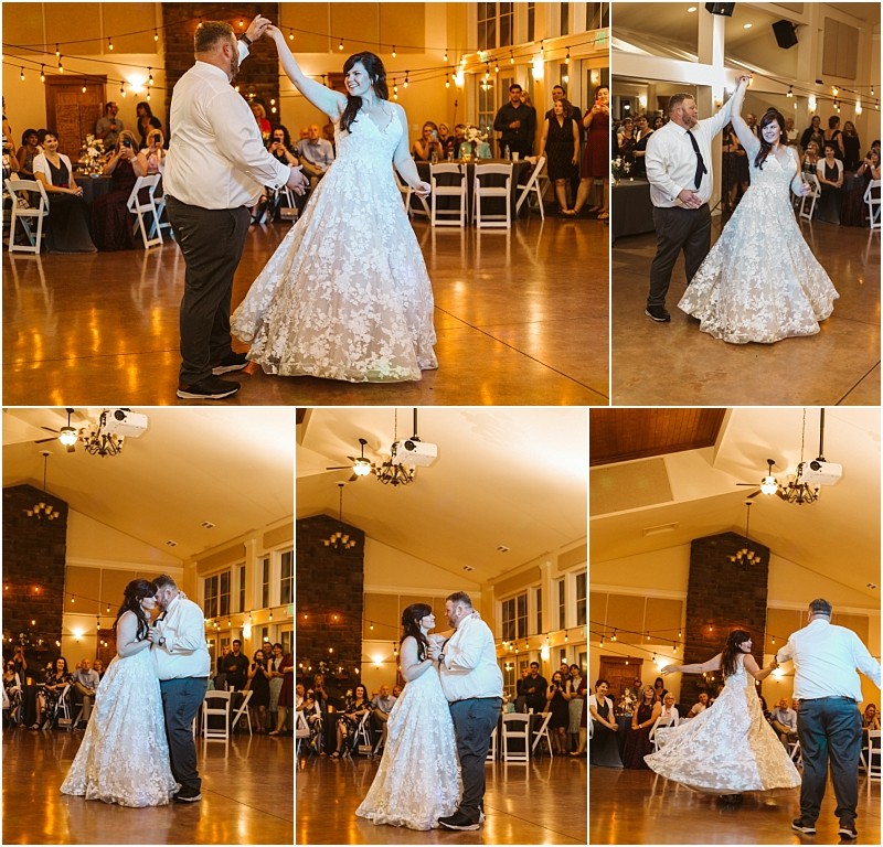 Premier Snohomish & Seattle Wedding Photographer | GSquared Weddings Photography A bride and groom share their first dance at a Snohomish wedding reception, smiling and twirling together on a wooden dance floor surrounded by guests in a warmly lit venue near Seattle. 47.9129° N, 122.0982° W | Serving Snohomish, Seattle , Orlando & Beyond