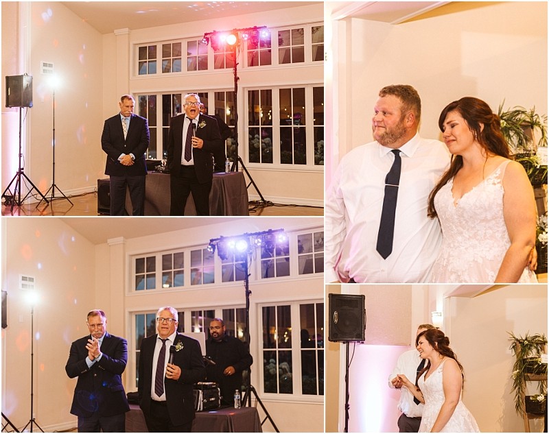 Premier Snohomish & Seattle Wedding Photographer | GSquared Weddings Photography A Snohomish wedding reception collage shows a bride and groom listening to speeches, a man in a suit speaking with a microphone, and guests clapping, all in a warmly lit hall with large windows and DJ equipment in the background. 47.9129° N, 122.0982° W | Serving Snohomish, Seattle , Orlando & Beyond