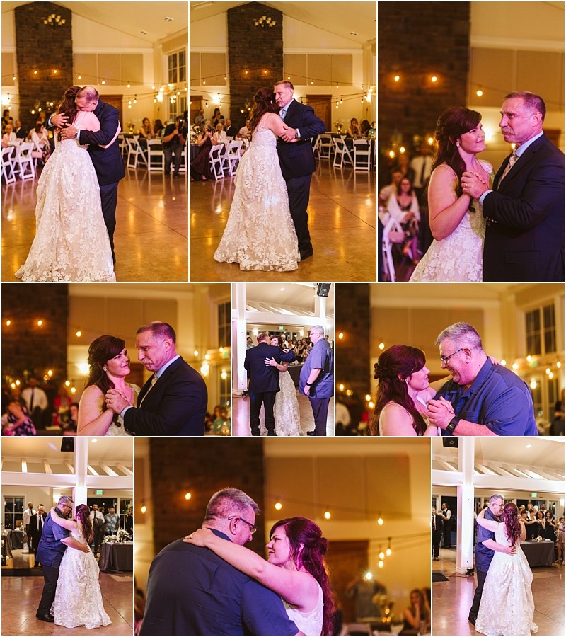 Premier Snohomish & Seattle Wedding Photographer | GSquared Weddings Photography A bride and her father share a heartfelt dance at a Snohomish wedding reception, surrounded by seated guests and warm string lights in a rustic indoor venue. Multiple angles capture their emotional moments together. 47.9129° N, 122.0982° W | Serving Snohomish, Seattle , Orlando & Beyond