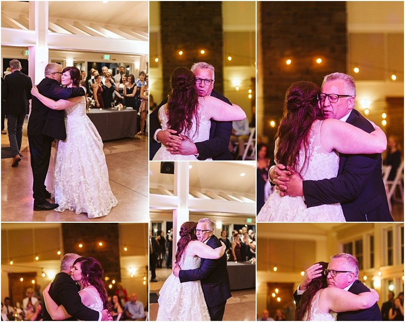 Premier Snohomish & Seattle Wedding Photographer | GSquared Weddings Photography A bride in a white dress and a man in a suit share an emotional dance at their Snohomish wedding reception, embracing closely in a warmly-lit venue as guests look on, capturing the magic of their Seattle engagement celebration. 47.9129° N, 122.0982° W | Serving Snohomish, Seattle , Orlando & Beyond