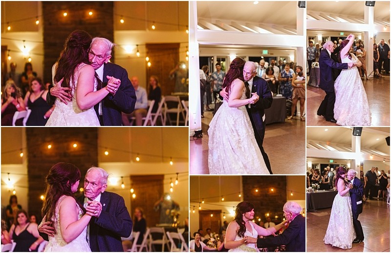 Premier Snohomish & Seattle Wedding Photographer | GSquared Weddings Photography A collage of six photos shows a bride in a white gown dancing closely with an elderly man in a suit during a Snohomish Seattle wedding reception, with guests seated and watching in the decorated venue. 47.9129° N, 122.0982° W | Serving Snohomish, Seattle , Orlando & Beyond