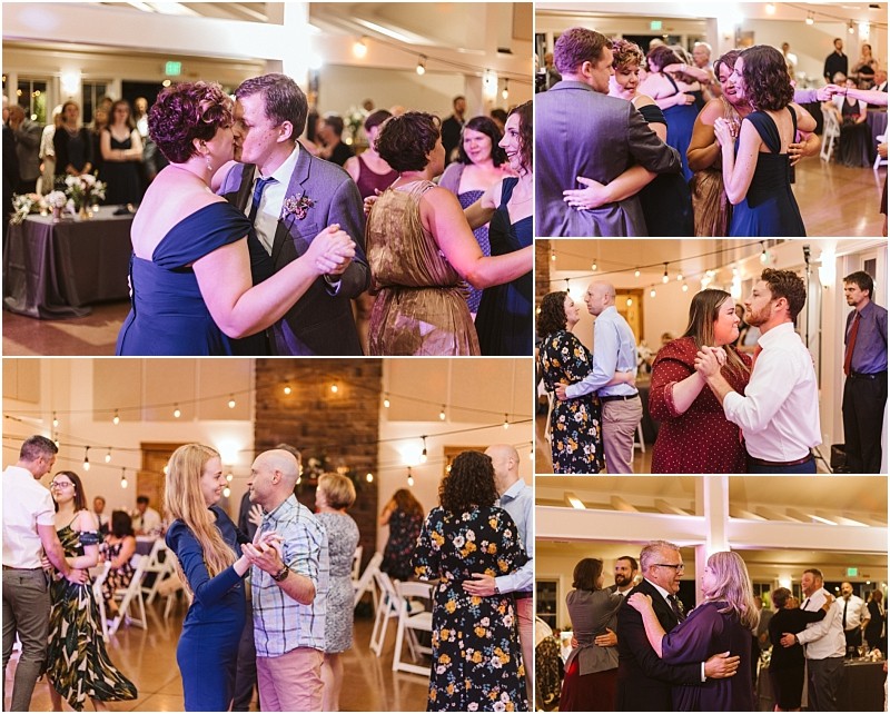 Premier Snohomish & Seattle Wedding Photographer | GSquared Weddings Photography A collage of wedding reception photos shows several couples slow dancing together on a warmly lit dance floor at a Snohomish Seattle wedding, surrounded by seated guests and string lights. The atmosphere is festive and joyful. 47.9129° N, 122.0982° W | Serving Snohomish, Seattle , Orlando & Beyond