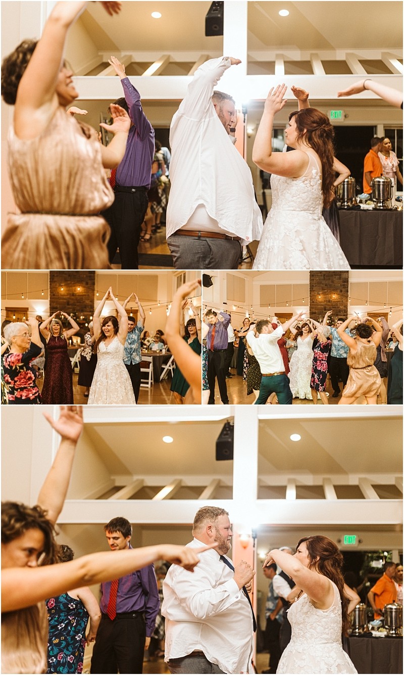 Premier Snohomish & Seattle Wedding Photographer | GSquared Weddings Photography A bride and groom dance joyfully with guests, all raising their arms and smiling, at a lively indoor Snohomish wedding reception. The atmosphere is festive and celebratory. 47.9129° N, 122.0982° W | Serving Snohomish, Seattle , Orlando & Beyond