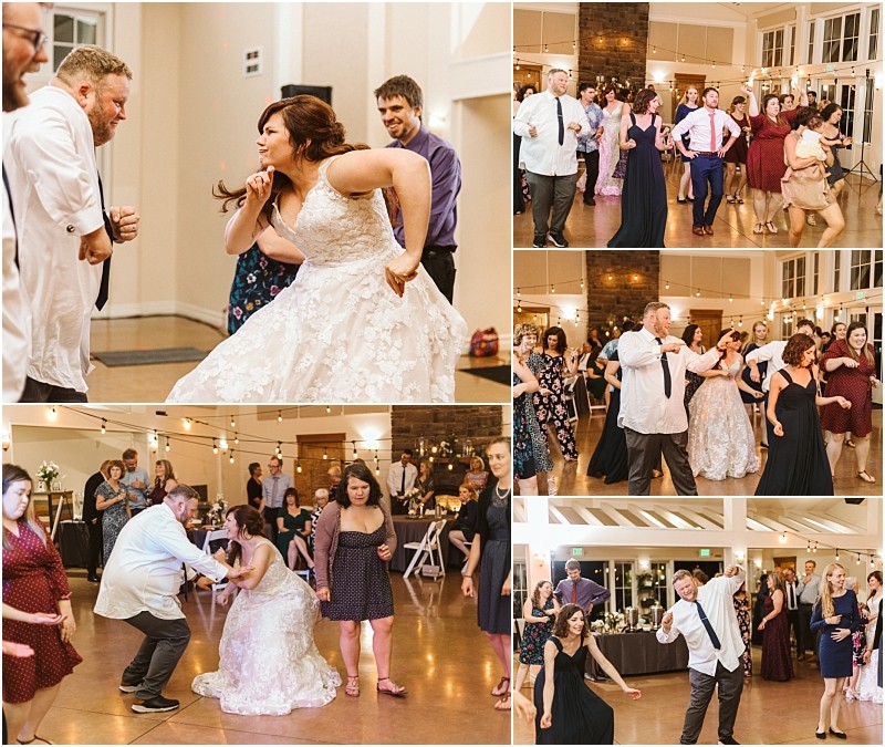 Premier Snohomish & Seattle Wedding Photographer | GSquared Weddings Photography A collage of Snohomish wedding reception photos shows guests and a bride dancing energetically and joyfully together in a bright, decorated venue near Seattle. 47.9129° N, 122.0982° W | Serving Snohomish, Seattle , Orlando & Beyond