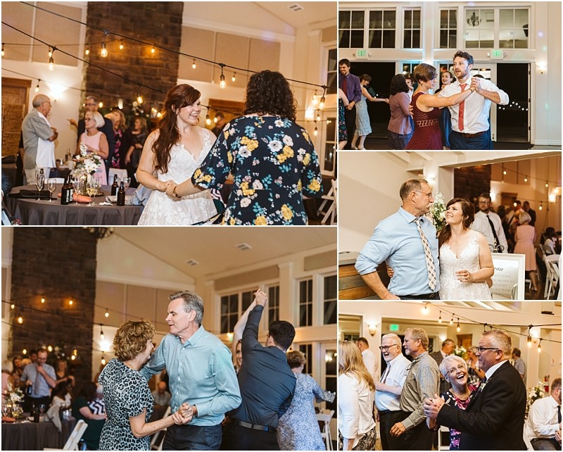 Premier Snohomish & Seattle Wedding Photographer | GSquared Weddings Photography A collage of Snohomish wedding reception photos shows guests of various ages dancing, laughing, and socializing in a warmly lit hall decorated with string lights. The smiling bride appears in two images. 47.9129° N, 122.0982° W | Serving Snohomish, Seattle , Orlando & Beyond