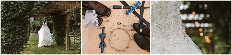 Premier Snohomish & Seattle Wedding Photographer | GSquared Weddings Photography A wedding dress hangs under a wooden arbor draped in greenery at a Snohomish Seattle wedding; accessories like boots, jewelry, and a bow tie are arranged nearby; close-up highlights the dress’s beaded details. 47.9129° N, 122.0982° W | Serving Snohomish, Seattle , Orlando & Beyond