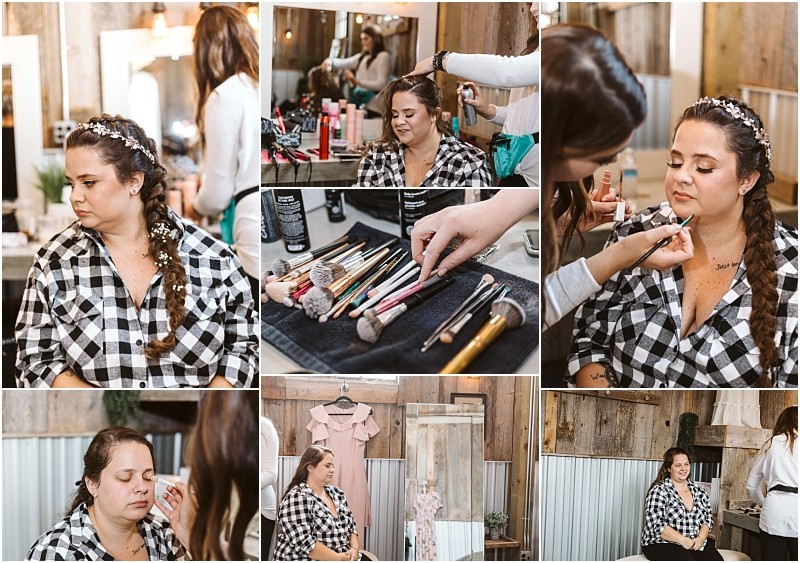 Premier Snohomish & Seattle Wedding Photographer | GSquared Weddings Photography A woman in a plaid shirt with a braided hairstyle and floral hairpiece gets her makeup done in a rustic Snohomish salon. Surrounded by beauty products, she prepares for her Seattle wedding or engagement in this charming setting. 47.9129° N, 122.0982° W | Serving Snohomish, Seattle , Orlando & Beyond