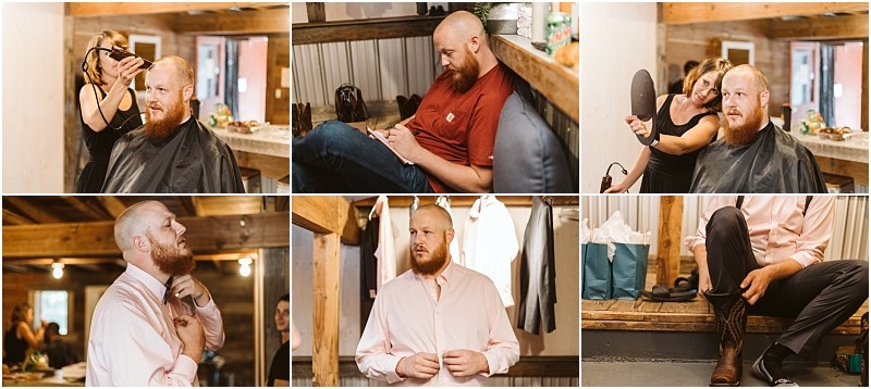 Premier Snohomish & Seattle Wedding Photographer | GSquared Weddings Photography A bearded man gets a haircut, writes in a notebook, checks his hair in a mirror, buttons a light pink shirt, and puts on cowboy boots in a rustic room before his Snohomish Seattle wedding engagement. 47.9129° N, 122.0982° W | Serving Snohomish, Seattle , Orlando & Beyond