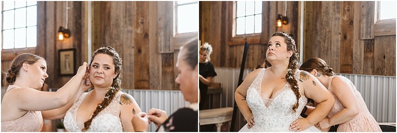 Premier Snohomish & Seattle Wedding Photographer | GSquared Weddings Photography Two side-by-side photos capture a bride preparing for her Snohomish wedding. In a rustic wooden room, someone adjusts her hair in the first image; in the second, another person fastens her dress as she stands with hands on hips, looking up. 47.9129° N, 122.0982° W | Serving Snohomish, Seattle , Orlando & Beyond