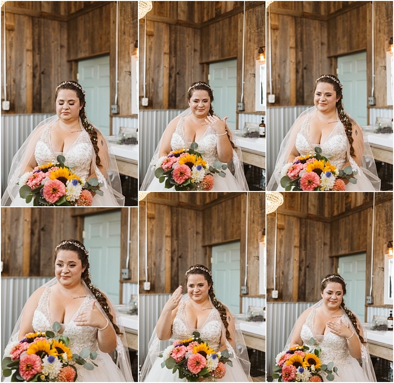 Premier Snohomish & Seattle Wedding Photographer | GSquared Weddings Photography A bride in a white gown and veil holds a colorful bouquet, posing with various hand gestures and expressions in a rustic wooden room with soft lighting—capturing the charm of a Snohomish Seattle wedding engagement. 47.9129° N, 122.0982° W | Serving Snohomish, Seattle , Orlando & Beyond