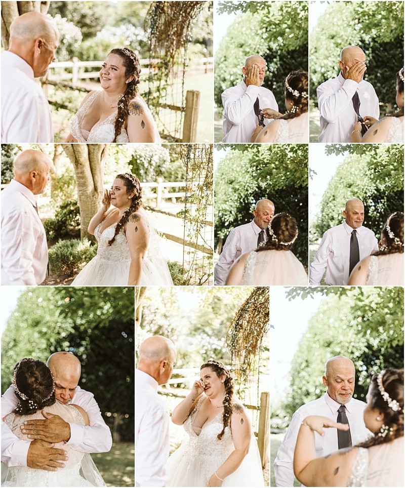 Premier Snohomish & Seattle Wedding Photographer | GSquared Weddings Photography A bride in a white dress shares an emotional first look with her father outdoors at a Snohomish Seattle wedding. They smile, cry, and hug under trees and sunlight, capturing joyful and heartfelt reactions in candid moments. 47.9129° N, 122.0982° W | Serving Snohomish, Seattle , Orlando & Beyond