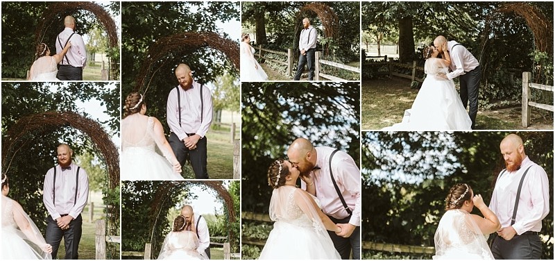 Premier Snohomish & Seattle Wedding Photographer | GSquared Weddings Photography A collage of outdoor Snohomish wedding photos features a bride in a white dress and a groom in suspenders, sharing emotional first look moments, kisses, and joyful expressions under a rustic arch and near trees. 47.9129° N, 122.0982° W | Serving Snohomish, Seattle , Orlando & Beyond