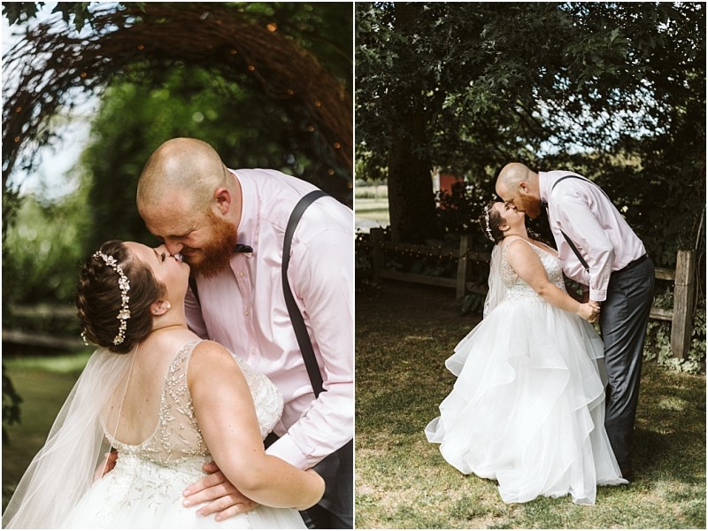 Premier Snohomish & Seattle Wedding Photographer | GSquared Weddings Photography Two photos of a Snohomish Seattle wedding: On the left, the bride and groom share a kiss under a rustic arch; on the right, they hold hands and smile at each other, surrounded by trees and sunlight. 47.9129° N, 122.0982° W | Serving Snohomish, Seattle , Orlando & Beyond