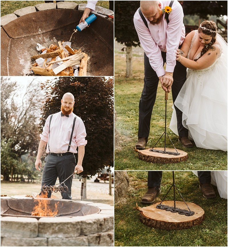 Premier Snohomish & Seattle Wedding Photographer | GSquared Weddings Photography A bride and groom brand a wooden slab with a custom metal brand near a fire pit at their rustic Snohomish wedding. The groom heats the brand in the fire, and together, they press it onto the wood with smiles during this unique Seattle wedding ritual. 47.9129° N, 122.0982° W | Serving Snohomish, Seattle , Orlando & Beyond