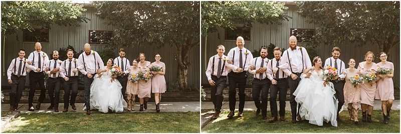 Premier Snohomish & Seattle Wedding Photographer | GSquared Weddings Photography A Snohomish wedding party in light pink and white attire walks and poses together outdoors, smiling and linking arms, with trees and a building in the background—capturing joyful moments near Seattle. 47.9129° N, 122.0982° W | Serving Snohomish, Seattle , Orlando & Beyond