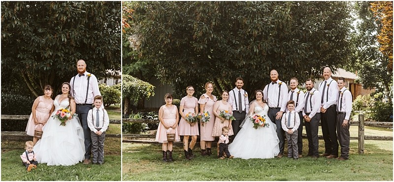 Premier Snohomish & Seattle Wedding Photographer | GSquared Weddings Photography Two photos side by side show a Snohomish wedding party posing outdoors. The bride in white stands with adults and children in pink dresses, white shirts, suspenders, and boots, all smiling in front of a large tree and wooden fence. 47.9129° N, 122.0982° W | Serving Snohomish, Seattle , Orlando & Beyond