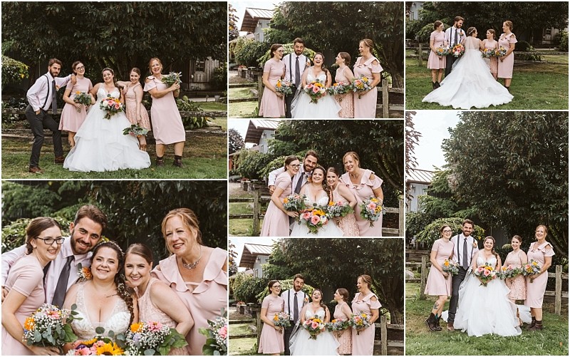 Premier Snohomish & Seattle Wedding Photographer | GSquared Weddings Photography A collage of Snohomish wedding photos shows a bride in a white dress, two bridesmaids in light pink dresses, and two groomsmen in shirts and suspenders, all smiling and posing outdoors with bouquets. 47.9129° N, 122.0982° W | Serving Snohomish, Seattle , Orlando & Beyond