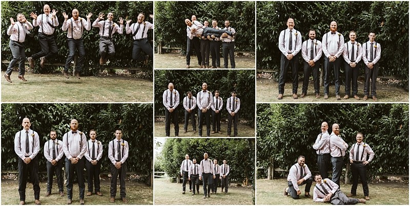 Premier Snohomish & Seattle Wedding Photographer | GSquared Weddings Photography A collage of groomsmen posing and having fun outdoors at a Snohomish Seattle wedding, wearing white shirts, suspenders, and ties, standing and sitting on grass in front of green foliage, smiling and laughing in playful group poses. 47.9129° N, 122.0982° W | Serving Snohomish, Seattle , Orlando & Beyond