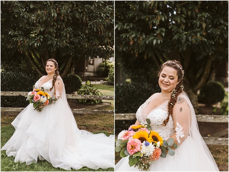 Premier Snohomish & Seattle Wedding Photographer | GSquared Weddings Photography A bride in a white wedding dress holds a colorful bouquet and smiles outdoors near a wooden fence and green trees, capturing the magic of a Snohomish Seattle wedding. 47.9129° N, 122.0982° W | Serving Snohomish, Seattle , Orlando & Beyond