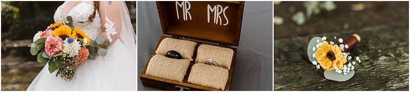 Premier Snohomish & Seattle Wedding Photographer | GSquared Weddings Photography A bride holds a colorful bouquet, a wooden box labeled MR MRS displays wedding rings on burlap, and a small boutonniere with a yellow flower rests on a wooden surface—perfect for a charming Snohomish or Seattle wedding. 47.9129° N, 122.0982° W | Serving Snohomish, Seattle , Orlando & Beyond