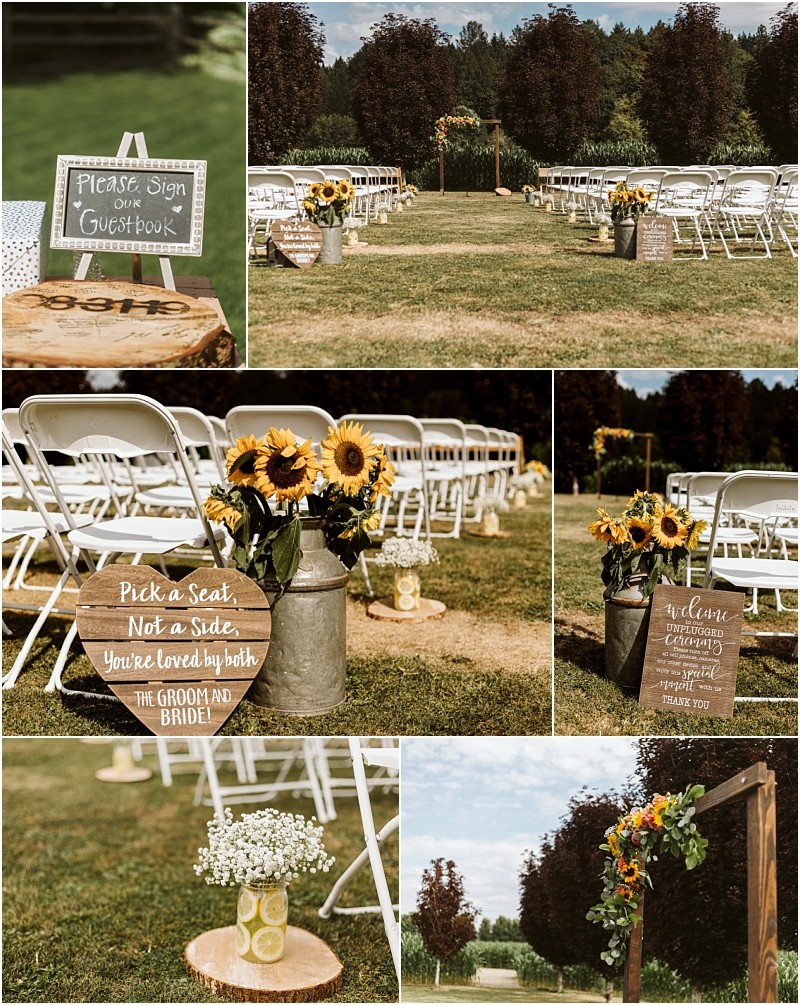 Premier Snohomish & Seattle Wedding Photographer | GSquared Weddings Photography Collage of outdoor rustic wedding decorations in Snohomish: sunflowers in metal pails, wooden signs with welcoming messages, white folding chairs for a ceremony, and an arch adorned with sunflowers and greenery—perfect for a Seattle wedding engagement. 47.9129° N, 122.0982° W | Serving Snohomish, Seattle , Orlando & Beyond