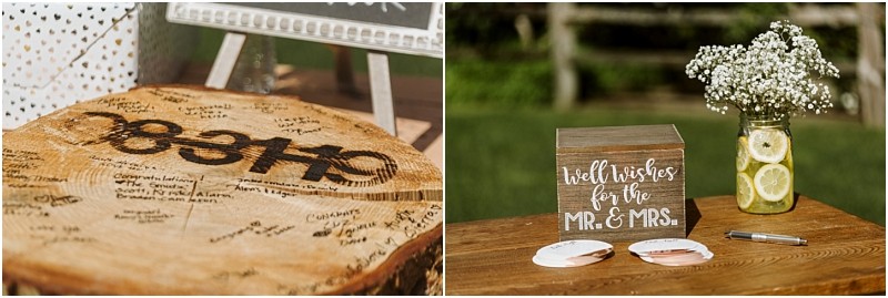 Premier Snohomish & Seattle Wedding Photographer | GSquared Weddings Photography A wooden guestbook slab with signatures sits next to a box labeled Well wishes for the Mr. & Mrs. and a jar of flowers with lemon slices, on an outdoor table—perfect for a charming Snohomish or Seattle wedding engagement. 47.9129° N, 122.0982° W | Serving Snohomish, Seattle , Orlando & Beyond