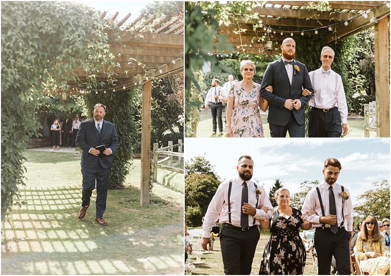 Premier Snohomish & Seattle Wedding Photographer | GSquared Weddings Photography Three photos show people walking down an outdoor, sunlit aisle for a Snohomish wedding ceremony, under a wooden pergola with greenery. Some are escorted in pairs or groups, dressed in formal attire, while guests watch. 47.9129° N, 122.0982° W | Serving Snohomish, Seattle , Orlando & Beyond