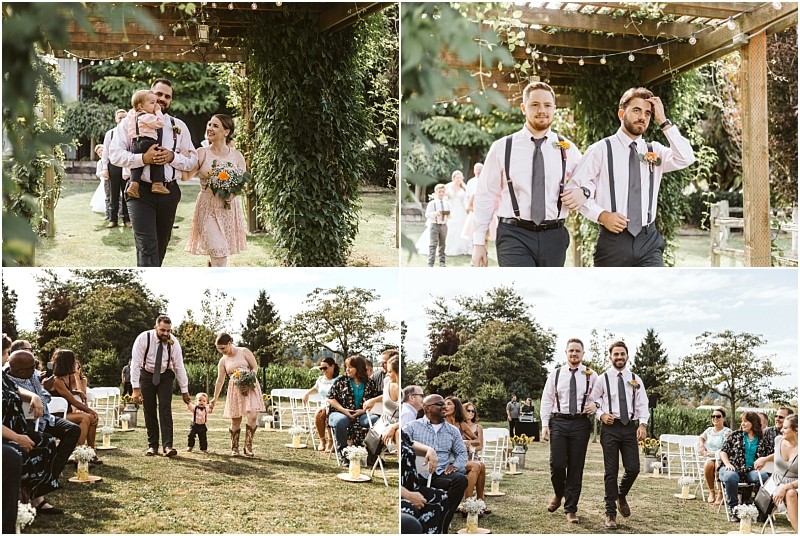 Premier Snohomish & Seattle Wedding Photographer | GSquared Weddings Photography A collage of four outdoor Snohomish wedding photos shows people walking down the aisle: a woman with a toddler, two men in shirts and suspenders, and guests seated in a garden under a pergola adorned with greenery. 47.9129° N, 122.0982° W | Serving Snohomish, Seattle , Orlando & Beyond