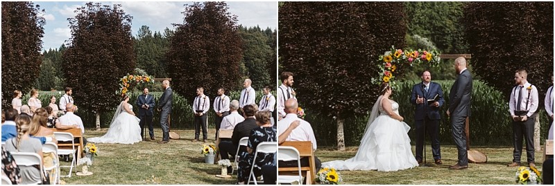 Premier Snohomish & Seattle Wedding Photographer | GSquared Weddings Photography Outdoor wedding ceremony in Snohomish near Seattle, featuring a bride in a white dress and a groom under a floral arch, surrounded by the wedding party and guests amid lush trees and greenery—perfect for your romantic engagement celebration. 47.9129° N, 122.0982° W | Serving Snohomish, Seattle , Orlando & Beyond