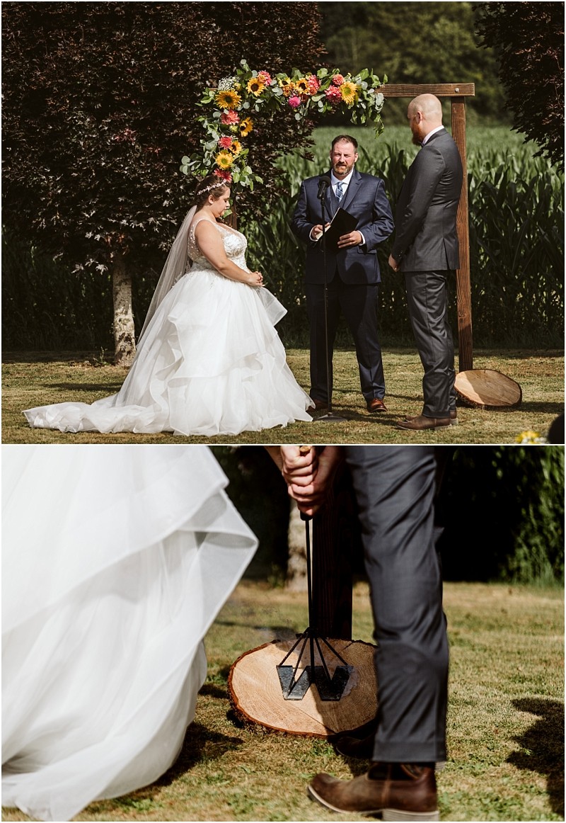 Premier Snohomish & Seattle Wedding Photographer | GSquared Weddings Photography A bride and groom stand with an officiant under a wooden arch decorated with colorful flowers at their Snohomish Seattle wedding. Below, a close-up shows the groom holding a branding iron over a wooden slab. 47.9129° N, 122.0982° W | Serving Snohomish, Seattle , Orlando & Beyond