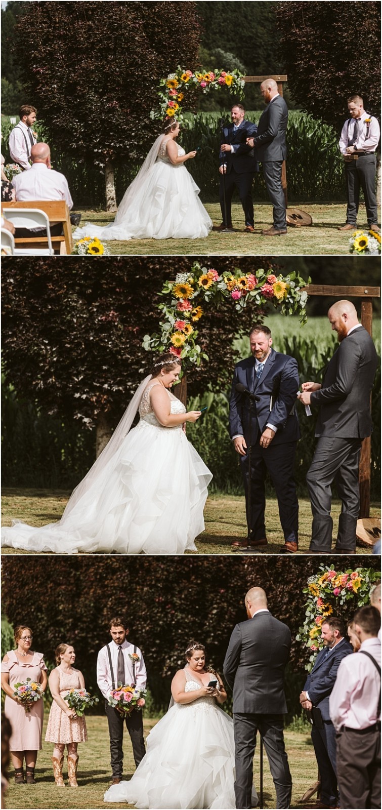 Premier Snohomish & Seattle Wedding Photographer | GSquared Weddings Photography A bride and groom stand under a colorful floral arch during their sunny Snohomish outdoor wedding ceremony, reading vows and smiling, surrounded by their bridal party and officiant. 47.9129° N, 122.0982° W | Serving Snohomish, Seattle , Orlando & Beyond