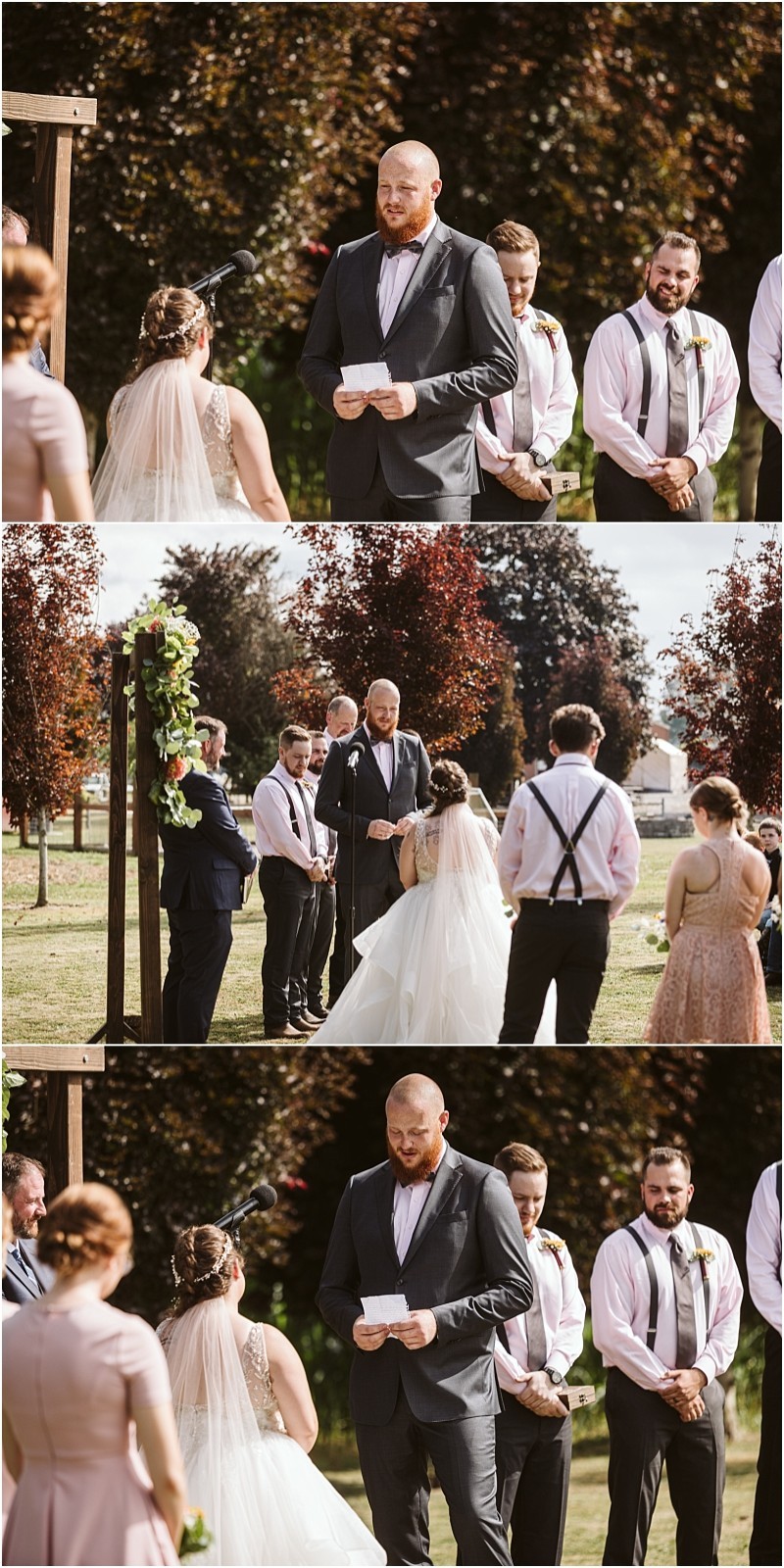 Premier Snohomish & Seattle Wedding Photographer | GSquared Weddings Photography A bearded man in a suit reads from a card during a Snohomish outdoor wedding ceremony, standing under an arch with the bride facing him. Bridesmaids and groomsmen look on as autumn leaves surround this romantic Seattle engagement moment. 47.9129° N, 122.0982° W | Serving Snohomish, Seattle , Orlando & Beyond