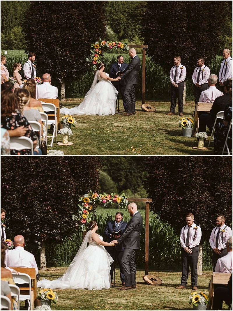 Premier Snohomish & Seattle Wedding Photographer | GSquared Weddings Photography Two photos of a Snohomish outdoor wedding ceremony show a couple holding hands under a floral arch, surrounded by their wedding party and guests on either side, all enjoying a sunny Seattle day. 47.9129° N, 122.0982° W | Serving Snohomish, Seattle , Orlando & Beyond