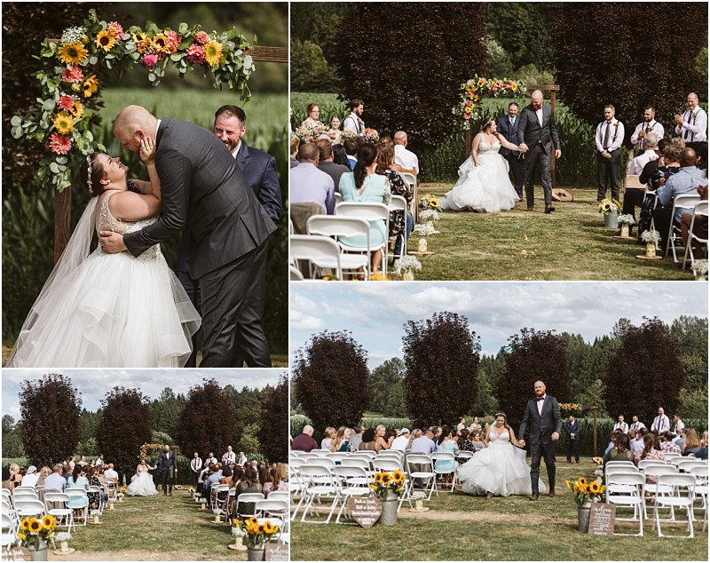 Premier Snohomish & Seattle Wedding Photographer | GSquared Weddings Photography A collage of outdoor Snohomish wedding photos shows a bride and groom under a floral arch, kissing, walking down the aisle, and celebrating among seated guests with sunflowers and greenery decorating the setting. 47.9129° N, 122.0982° W | Serving Snohomish, Seattle , Orlando & Beyond