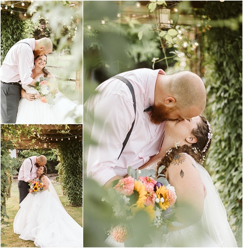 Premier Snohomish & Seattle Wedding Photographer | GSquared Weddings Photography A collage of three Snohomish wedding photos shows a couple with the groom kissing the bride’s forehead and lips under greenery, surrounded by soft light. The bride holds a colorful bouquet of flowers and smiles joyfully. 47.9129° N, 122.0982° W | Serving Snohomish, Seattle , Orlando & Beyond